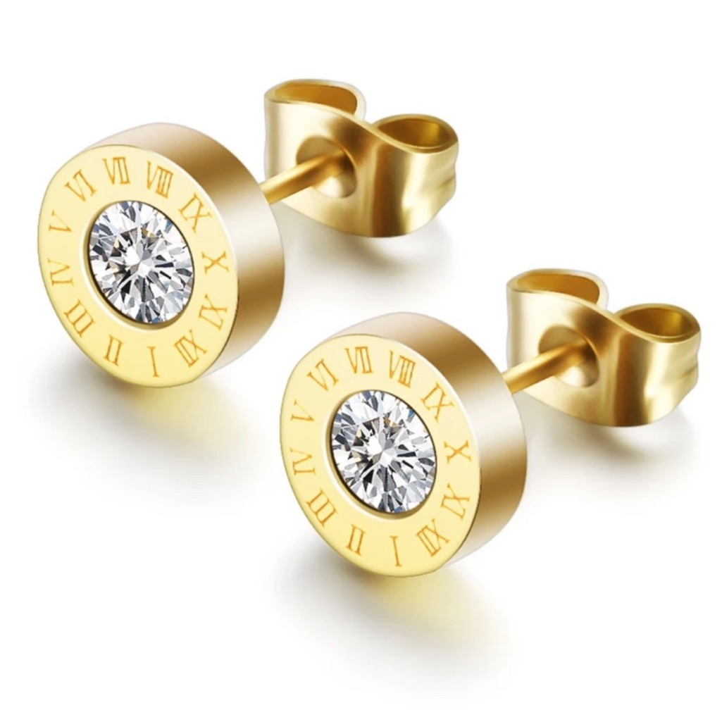 18k Gold Plated Stainless Steel Roman Numeral Simulated Diamond Earrings 18k Gold Plated Stainless Steel Roman Numeral Simulated Diamond Earrings